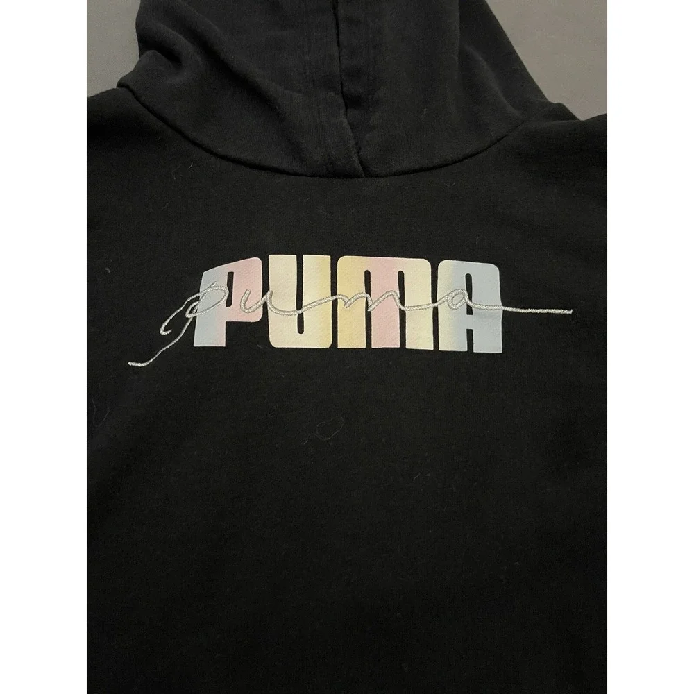 Puma Girl Size Large 14/16 Black Logo Graphic Long Sleeve Hoodie Sweater